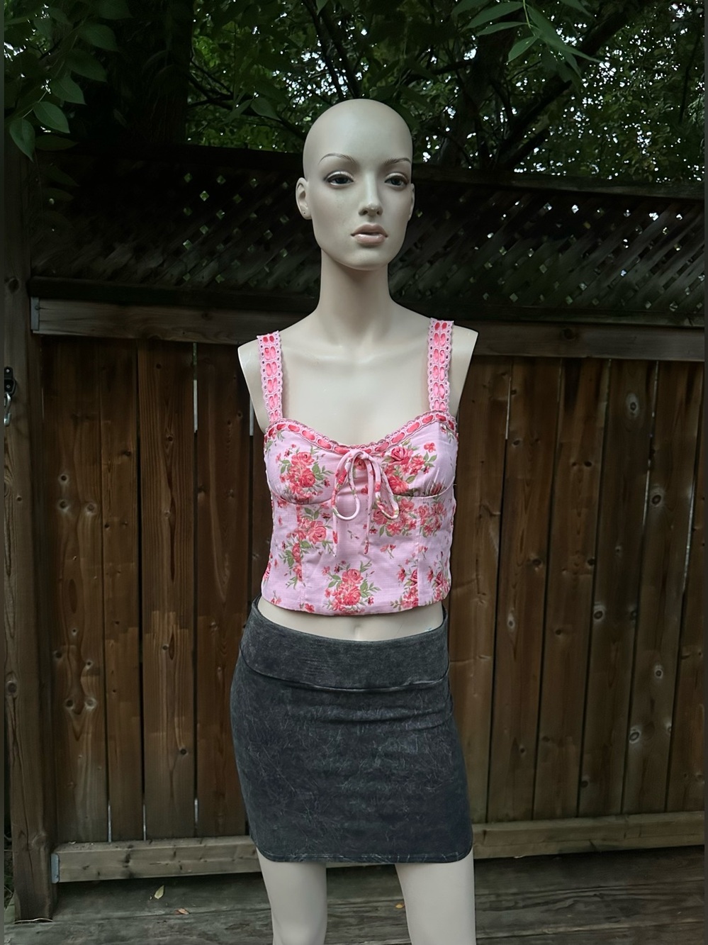 Pink Floral Red Laces Trim Belly Bustier Top